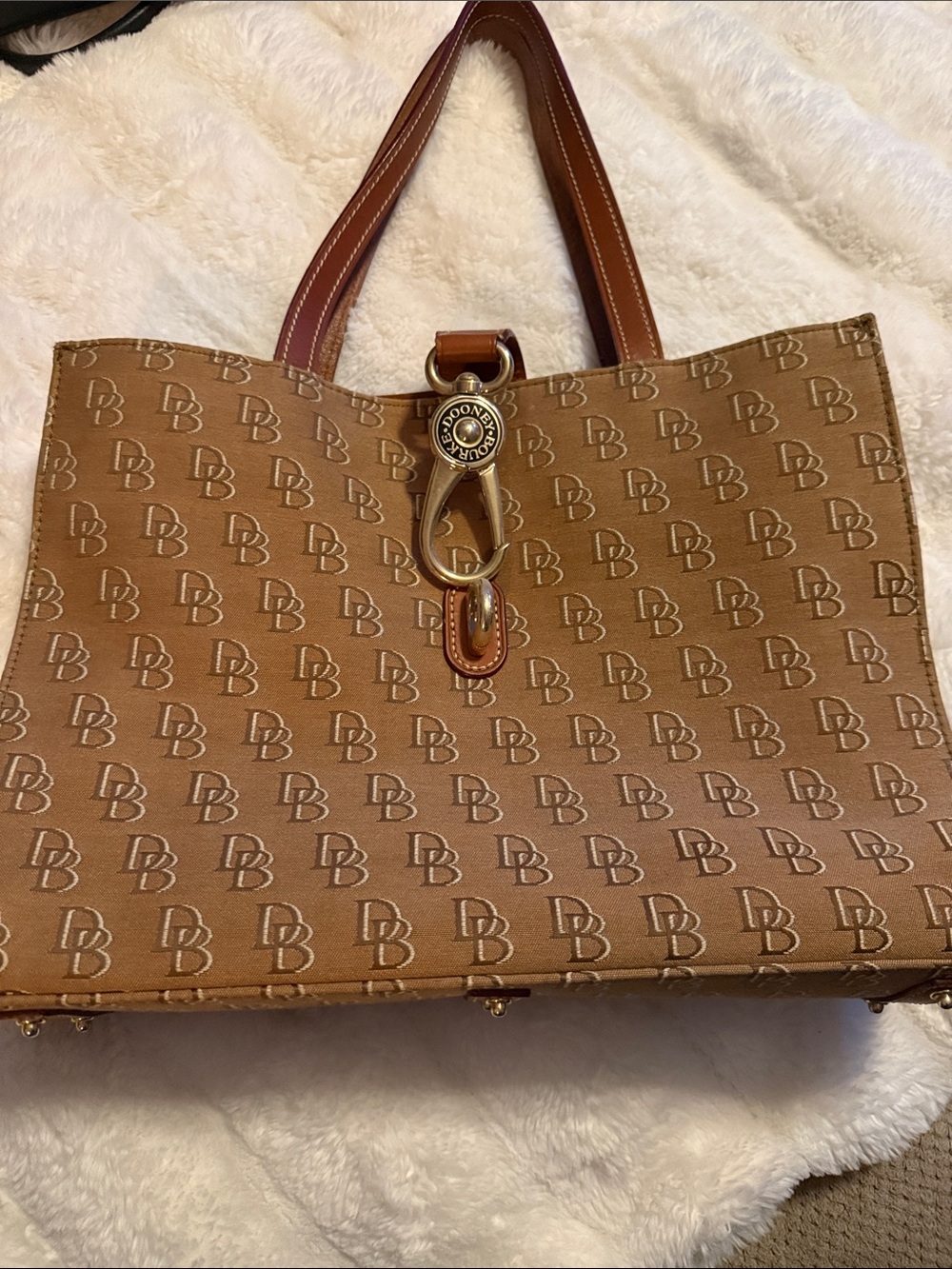 Dooney & Bourke Brown Logo Jacquard Tote with Tan Leather Trim